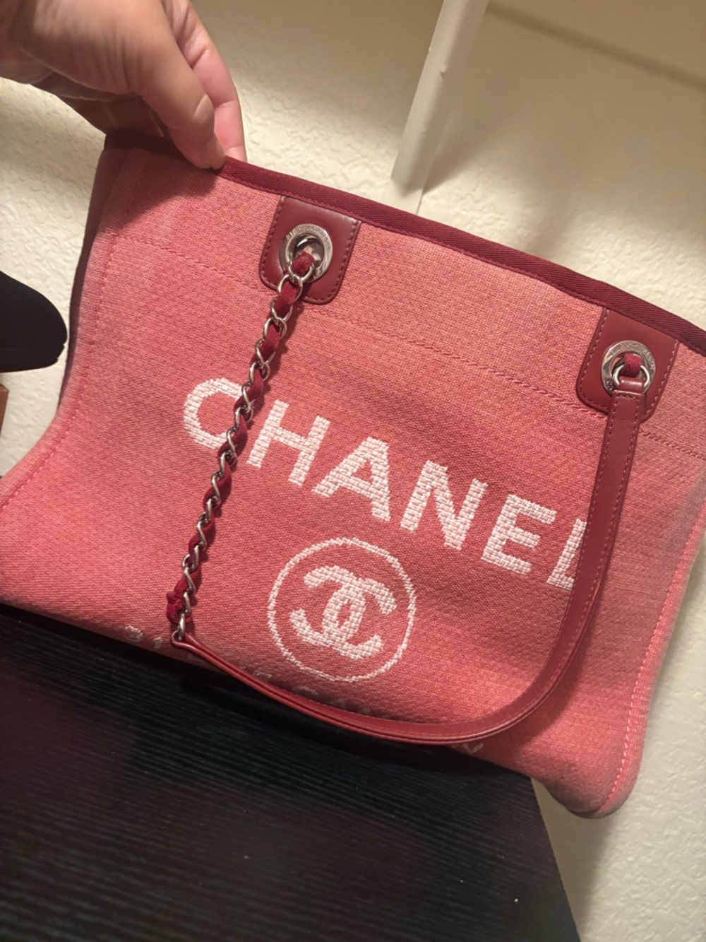 CHANEL Coral Pink Canvas Tote with Chain-Strap Handles - Picture 4 of 6